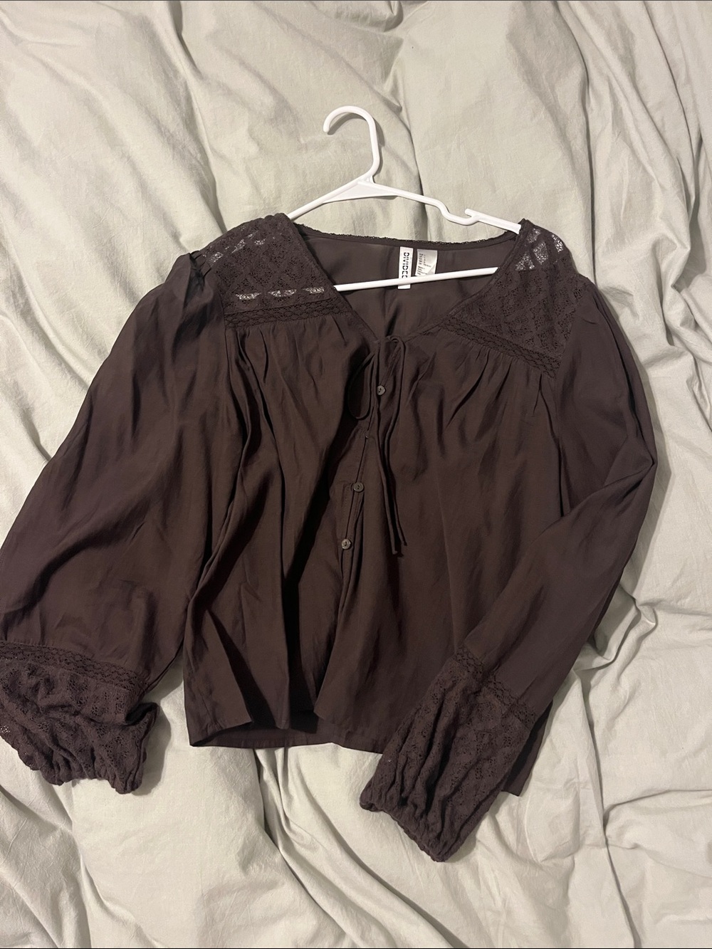 H&M Dark Brown Lace-Yoke Peasant Blouse